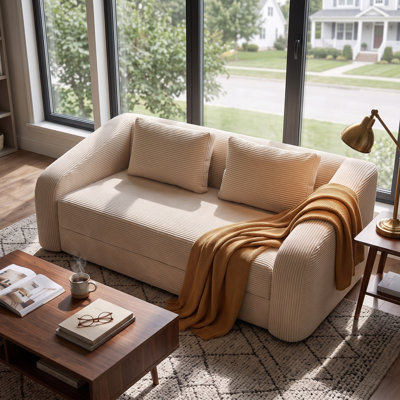 70" W Convertible Corduroy Sofa Bed with Pull-Out Sleeper, Removable Washable Cover & 2 Pillows