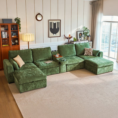 U-shaped 6-seater Sectional Couch Chenille Oversized Modular Sofa Cloud Couch With Versatile Console, Convertible Side Table Charging Storage Cup Holder