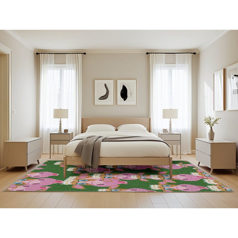 Rose Dahl/Tapis décoratif vert, Rectangle 5 pi x 8 pi