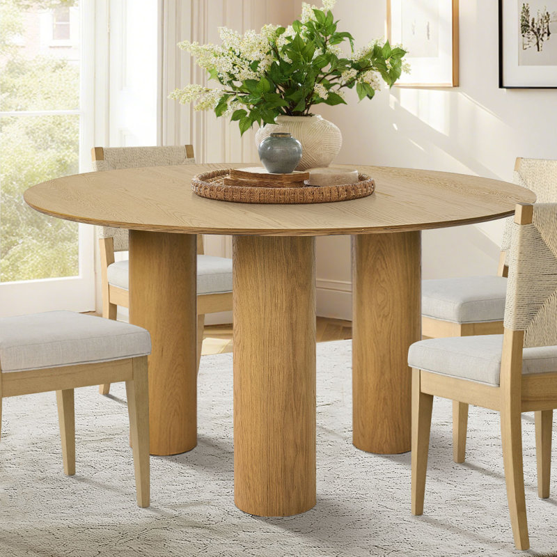 Table de salle à manger ronde 52 "en bois de chêne massif avec 3 pieds sculpturaux, Naturel