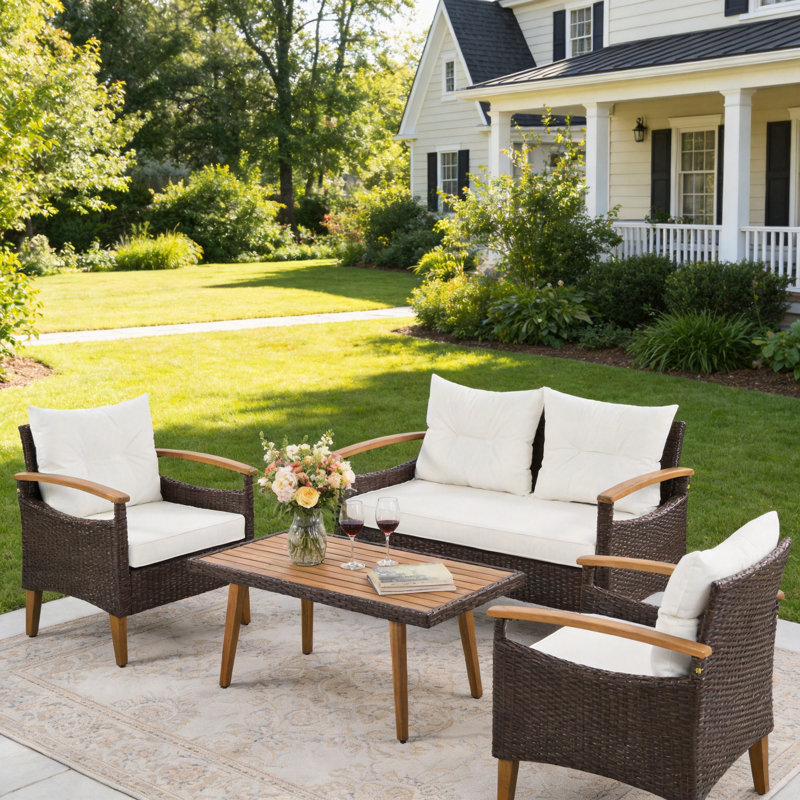 Ensemble de conversation de patio en osier brun 4 pièces avec accoudoirs et coussins en bois d'acacia