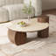 Table basse moderne de style Mid-Century de 80 cm (31,5 po), plateau en pierre frittée aspect travertin et piètement en MDF plaqué noyer