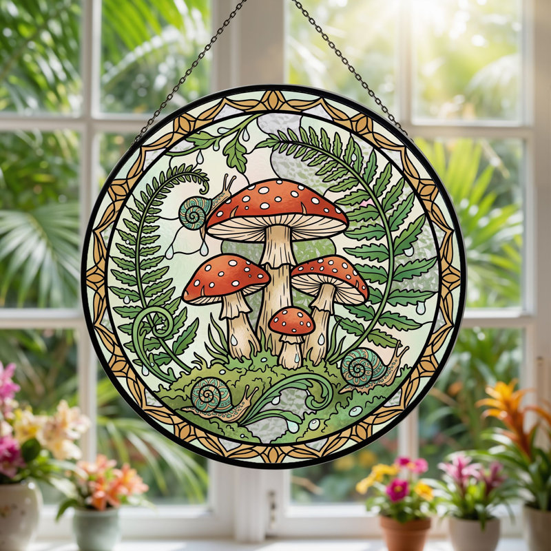 Panneau de vitrail en forme de fougère champignon, H 12 po, H 12 po