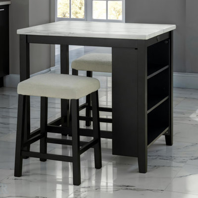 Ensemble de salle à manger transitionnel 3 pièces avec table brillante, tablettes de rangement et tabourets Boucle confortables pour les salles à manger modernes