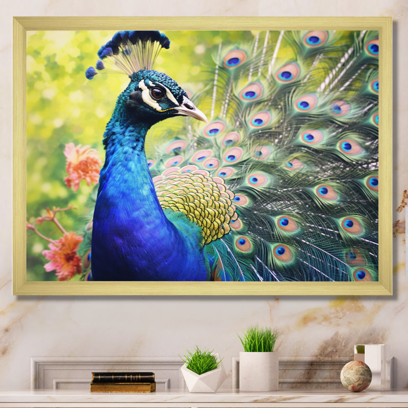 «Vibrant Peacock I» - art mural paon, H 16 po x l 32 po x P 1 po, Cadre doré à une seule photo