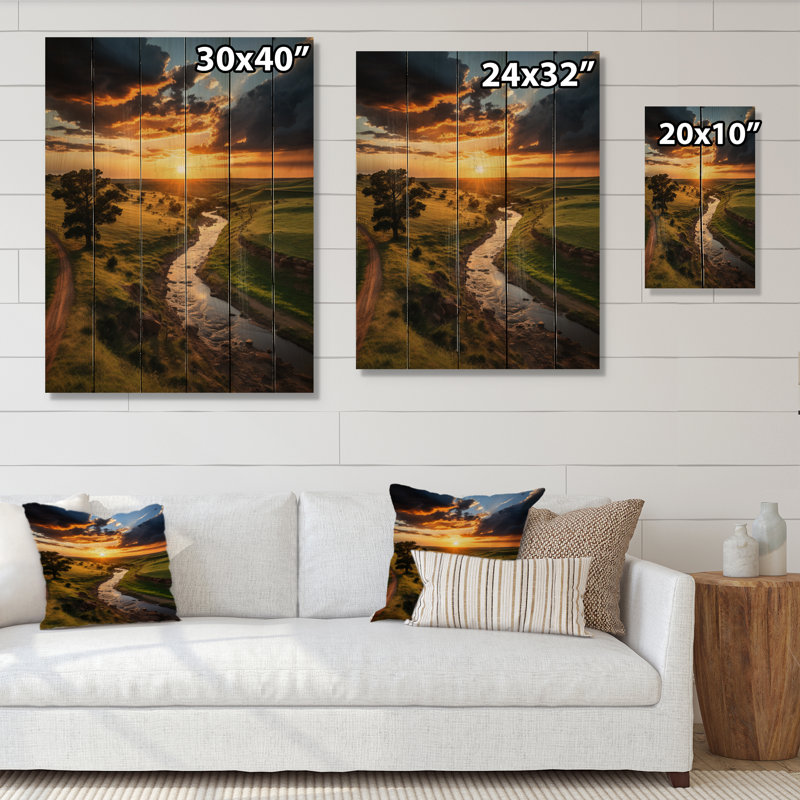 Paysage de la rivière Oklahoma II - impression sur bois de pin naturel de l'Oklahoma, H 20 po x l 10 po x P 0,78 po