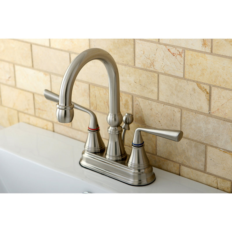 Kingston Brass Silver Sage Two-Handle 3-Hole Deck Mount 4" Centerset Bathroom Faucet with Brass Pop-Up, Brushed Nickel