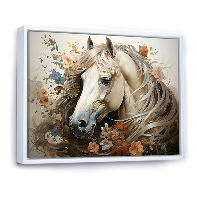 «Blooming Horse symbolism I» - art mural cheval, H 24 po x l 32 po x P 1 po, Cadre flottant blanc