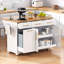 Îlot de cuisine 59,3 po K&K avec rangement 2 armoires coulissantes et abattant en bois d'hévéa, îlot de cuisine roulant avec rangement pour poubelle, prise de courant, support à épices et à serviettes pour la cuisine, la salle à manger, blanc