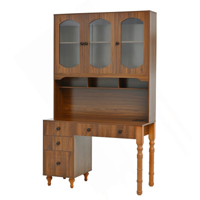 Bureau rétro 47 "avec ports de charge et armoire à huche, bureau avec 5 tiroirs de rangement et bibliothèque à portes en verre transparent, bureau d'ordinateur pour bureau à domicile, chambre à coucher, noyer