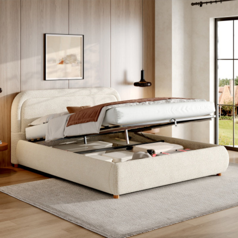 Lit plateforme très grand avec rangement, lit tapissier en tissu, rangement sous le lit peu encombrant, meubles de chambre à coucher modernes