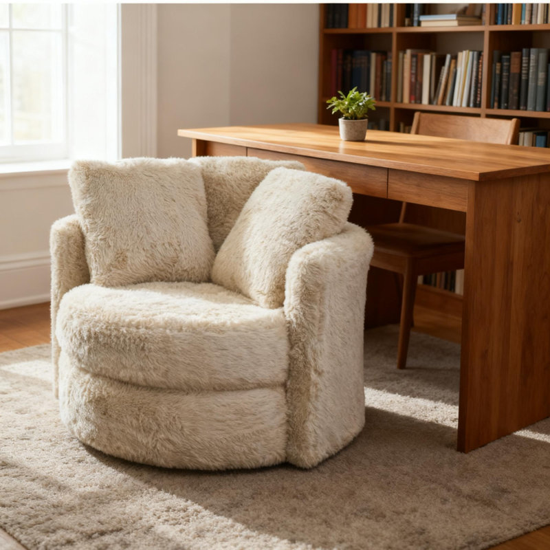 Fauteuil rond de style contemporain avec accoudoirs courbés et accoudoirs courbés de style contemporain avec coussins décoratifs crème / beige