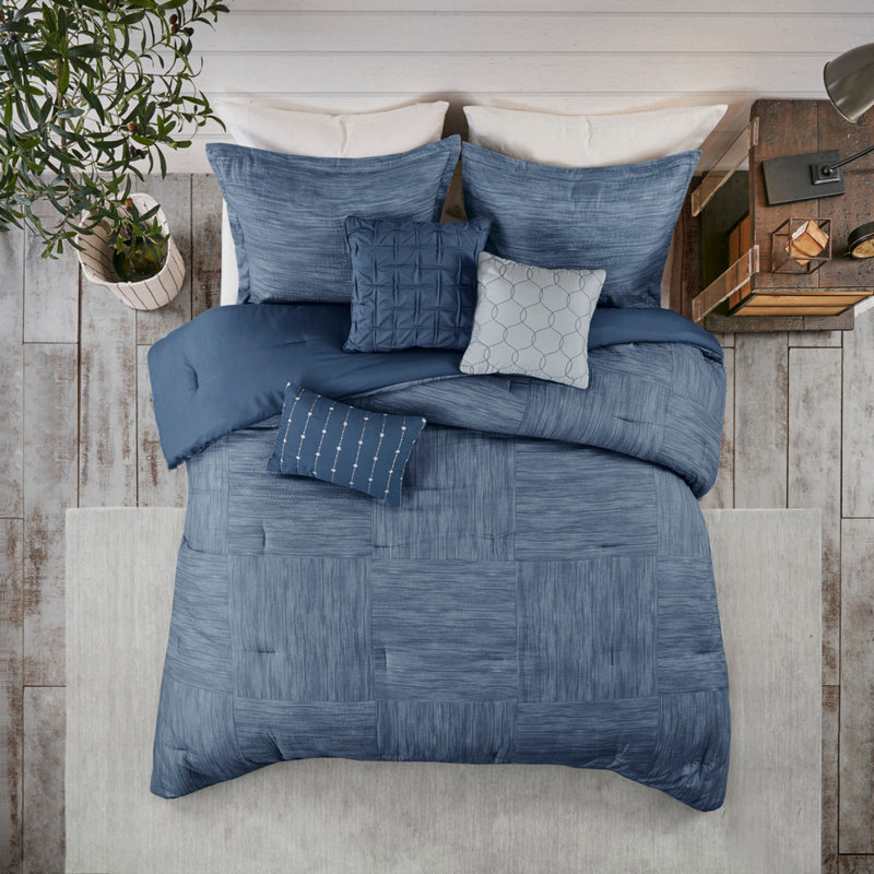 Ensemble d'édredon imprimé 7 pièces en seersucker bleu marine