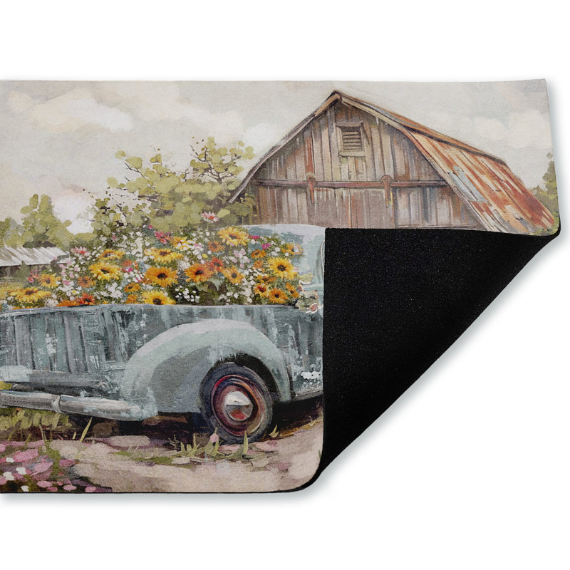 Tapis de porte d'extérieur vintage imprimé camion avec fleurs, par Nina Blue, 18 po x 30 po