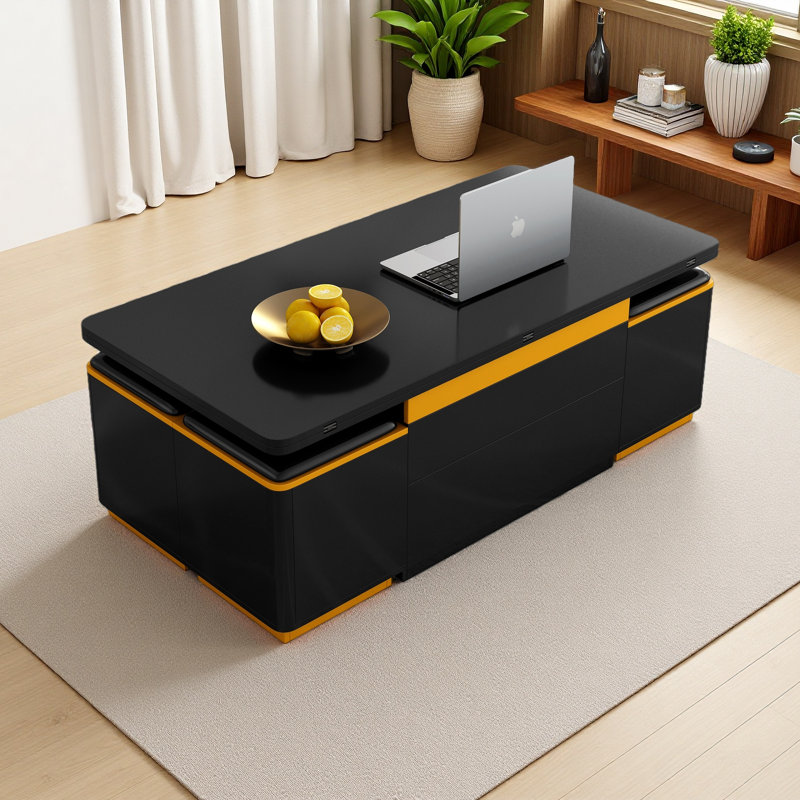 Table basse à plateau relevable avec tabourets de rangement, table centrale moderne avec plateau pliable, table basse réglable multifonctionnelle pour le salon