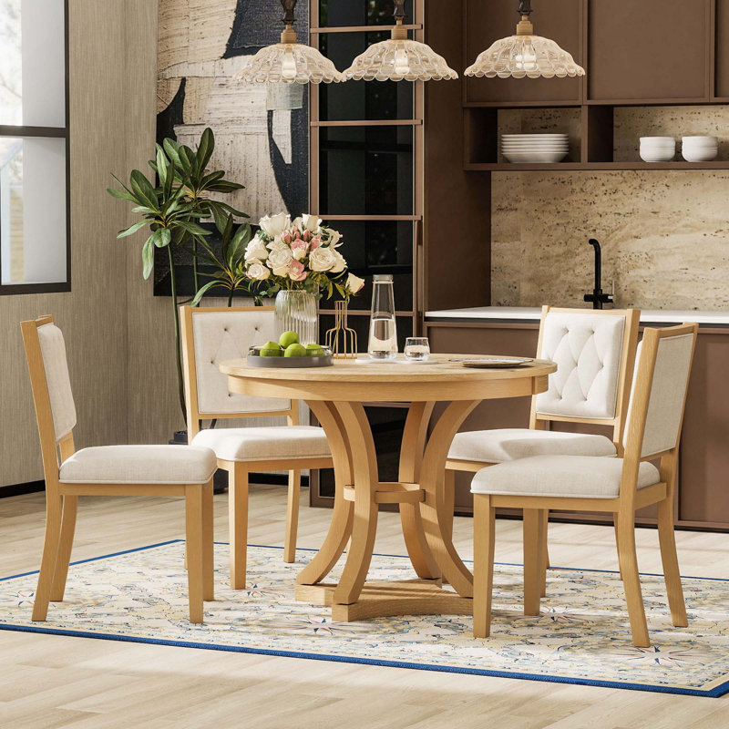 5PCS Retro Functional Dining Set, Extendable Round Table With 4 Upholstered Chairs For Dining Room And Living Room, Natural