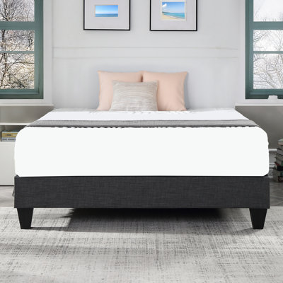 Contemporary Grey Upholstered Platform Bed, Polyester Fabric Bed Frame, Reinforced Support Geometric Foot Platform Bed No Box Spring Needed, Easy Assembly,California King