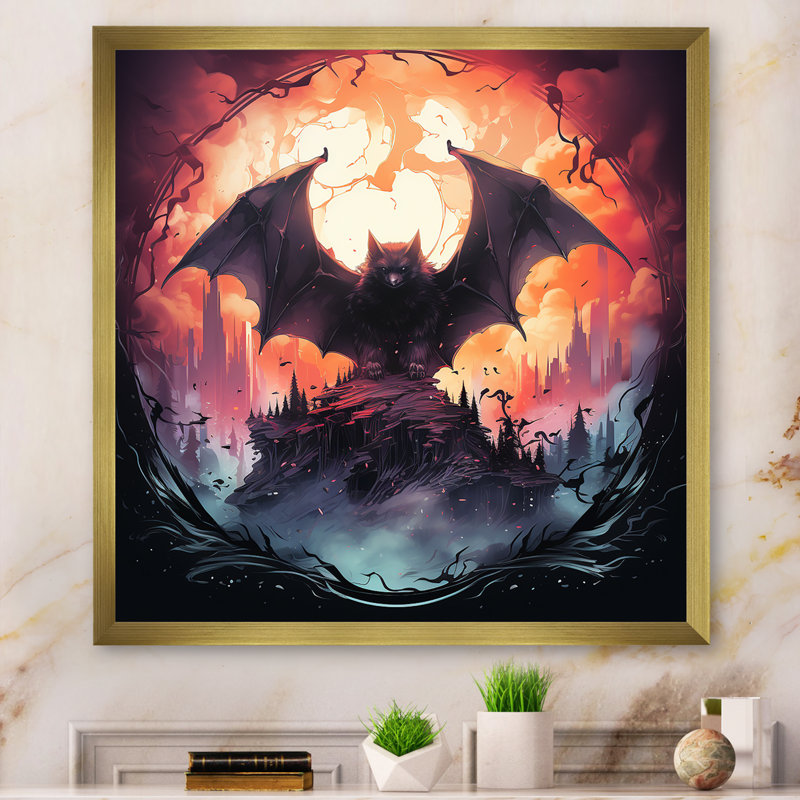 «Mystic Bat Nightfall II - Animal Bat», art mural, H 30 po x l 30 po x P 1,5 po, Cadre doré simple