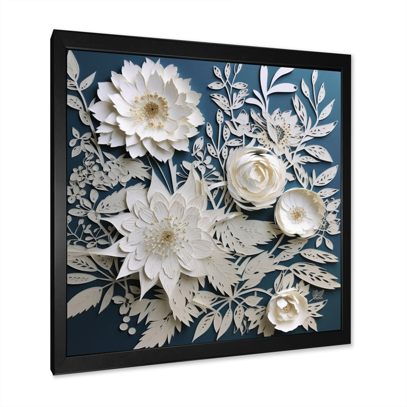 «Ryot White and Blue Flowers Bouquet Elegance», reproduction sur toile, Cadre photo noir, H 30 po x l 30 po