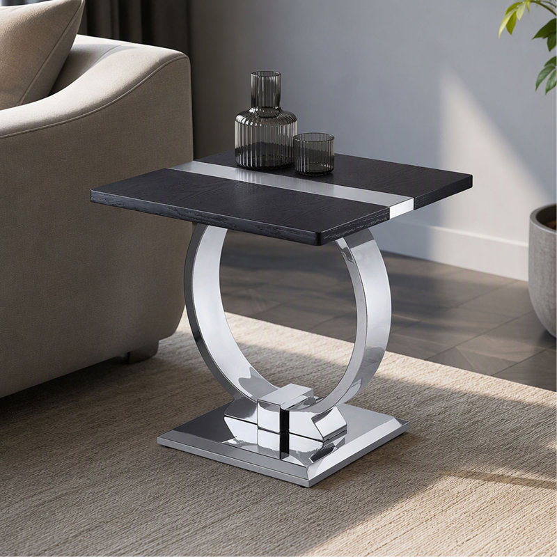 Table de bout - Base en forme de O - Finition noire et argent - Acier inoxydable - Luxe
