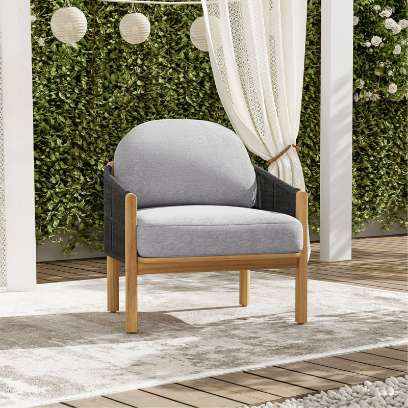 Fauteuil club d'extérieur en bois Grotta, corde avec coussin, Gris