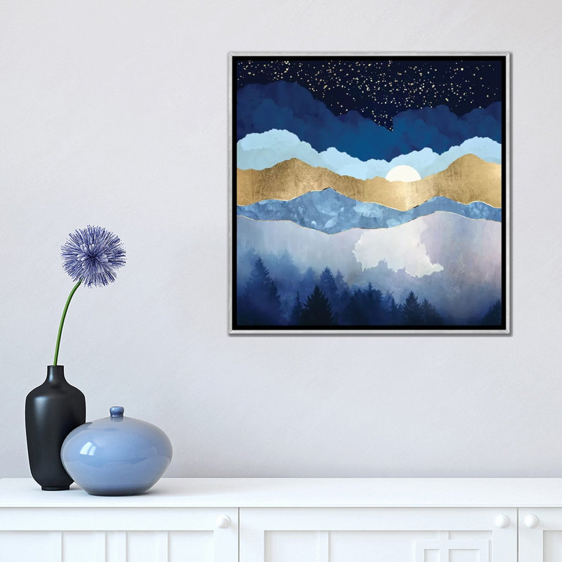 Forêt de minuit - impression, Pas de tapis, H 18 po x l 18 po x 1,5 po, Toile avec cadre argenté