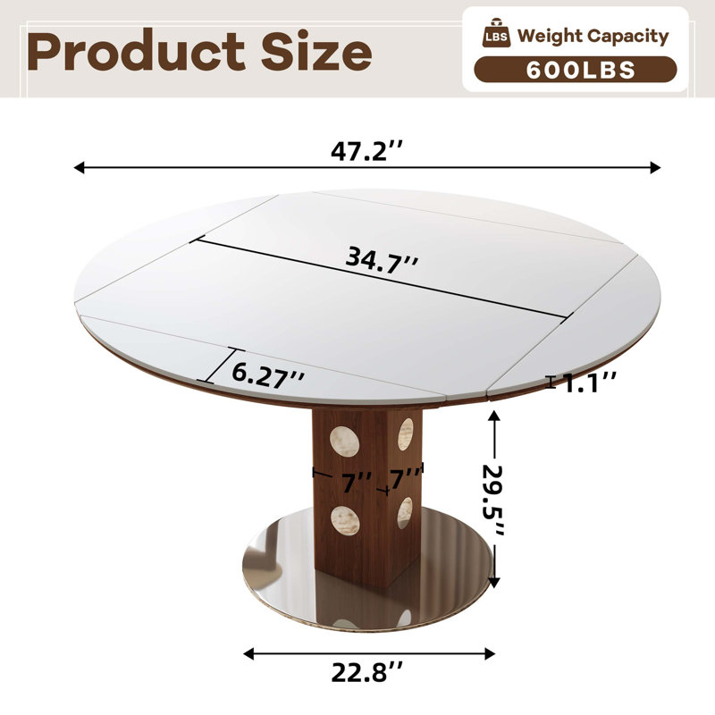 Table de salle à manger ronde extensible multifonctionnelle 47,2 po pour 4 à 6 personnes, table de cuisine pliante avec abattant, plateau en pierre frittée blanche et colonne en bois de noyer, peu encombrante pour les petits appartements, assemblage facile