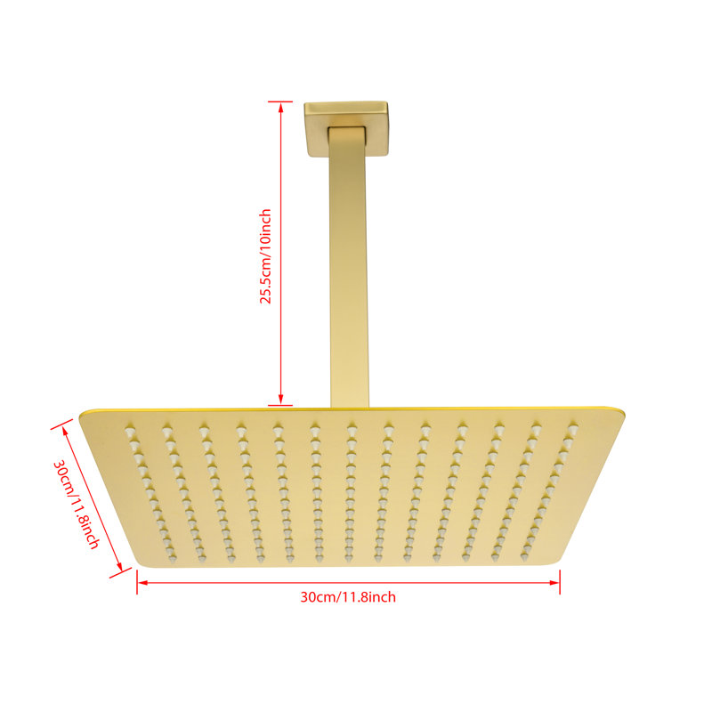 Brushed Gold Rainfall Showerhead - Stainless Steel For Bathroom 12X12 In High Water Saver With Clean Nozzle Saving Self-Cleaning Trait