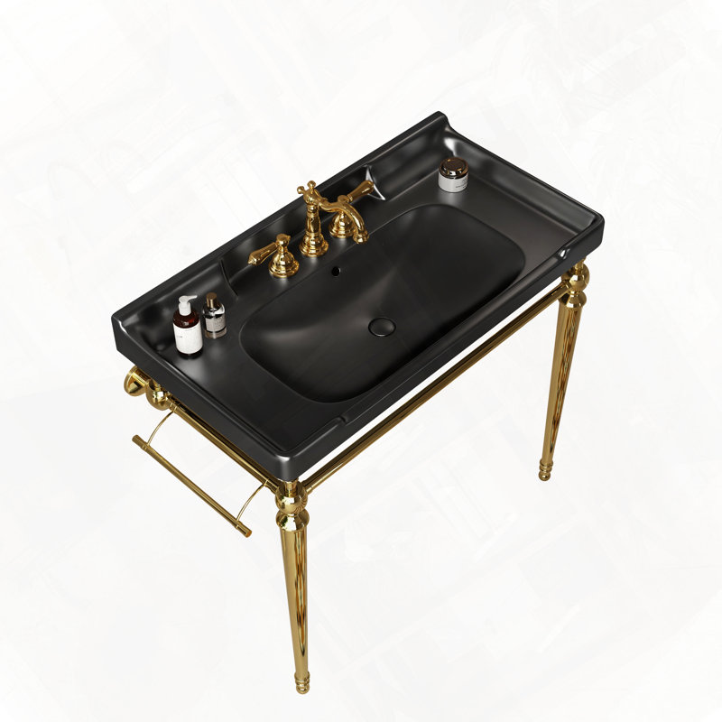 Console de salle de bain murale avec lavabo en céramique et trous de robinet pré-percés, Noir