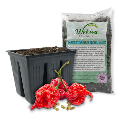 Carolina Reaper Pepper Seed Starter Kit - Pepper Seeds with Liner Tray and Half Quart Vegetable Soil Mix - Grow Your Own Vegetables