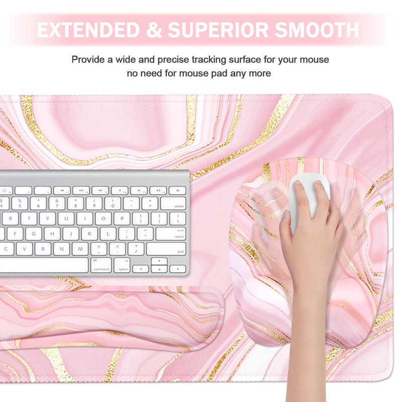Keyboard Wrist Rest Large Mouse Pad Wrist Support For Computer, 4 In 1 Memory Foam Keyboard Pad Desk Mat Ergonomic Hand Rest Wrist Cushion For Home Office Gaming - Pink Marble
