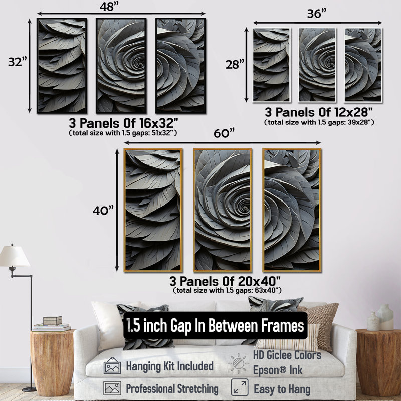 Gris abstrait en spirale de fleurs abstraites - art abstrait spirales, H 28 po x l 36 po x P 1 po, Cadre flottant noir
