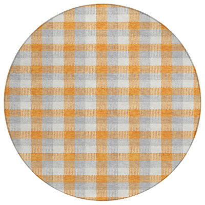 8' Beige Round Plaid Washable Indoor Outdoor Area Rug