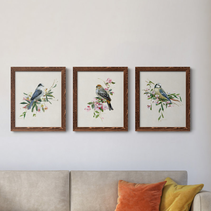 «Spring Song Blue Bird», ensemble de 3 impressions sur toile encadrées, Érable, H 43,5 po x l 31,5 po x P 1 po