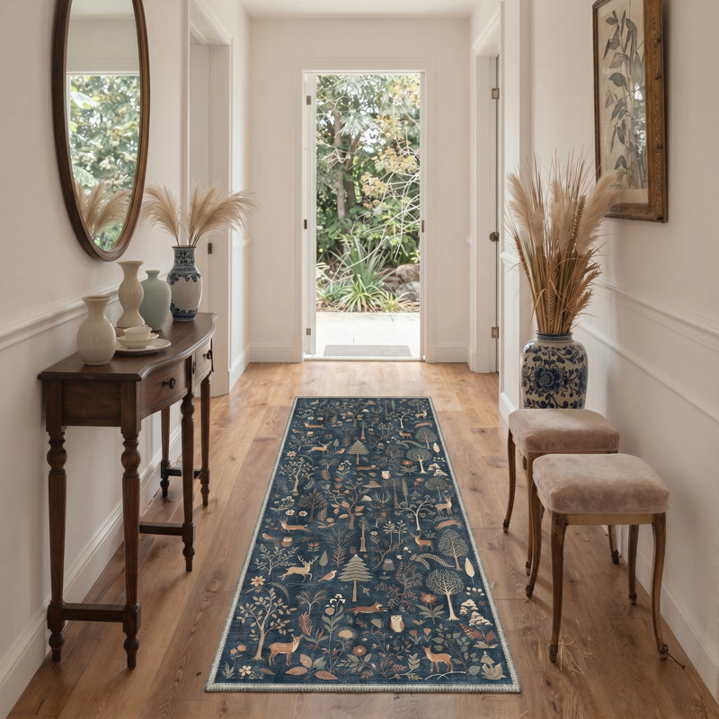 Arcadia Rustic Machine Washable Blue / Brown Indoor Area Rug with Non-Slip Backing, Runner 2' x 6'