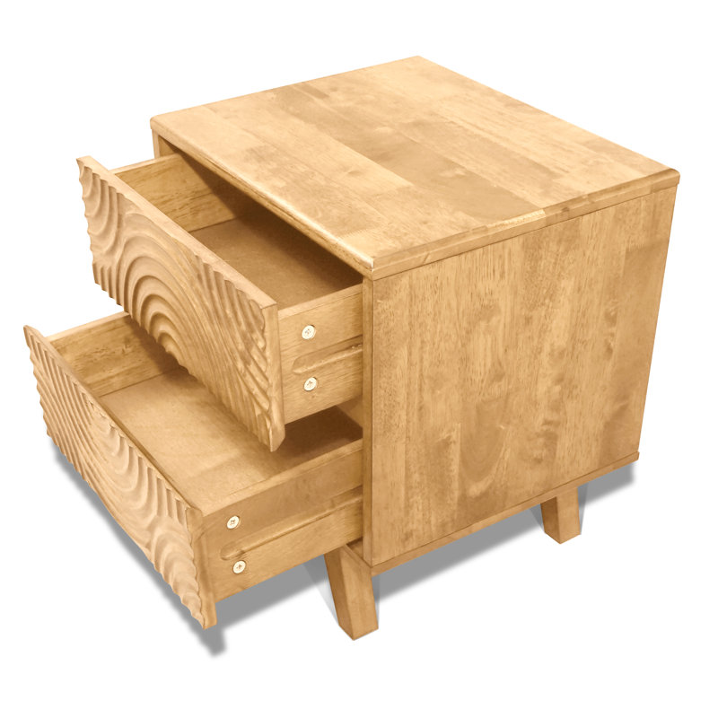 Solid Wood 2-Drawer Nightstand with Carved Front – Mid-Century Modern Bedside Table, Oak