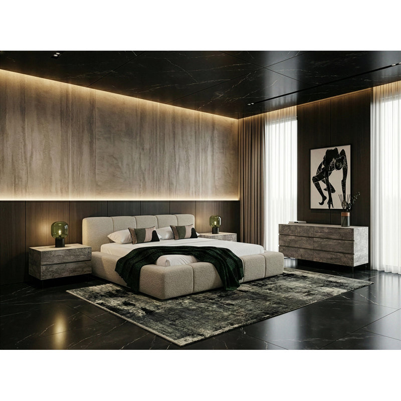 Ensemble de chambre à coucher 4 pièces Carstens - Tissu beige moderne + texture grise, Très grand lit