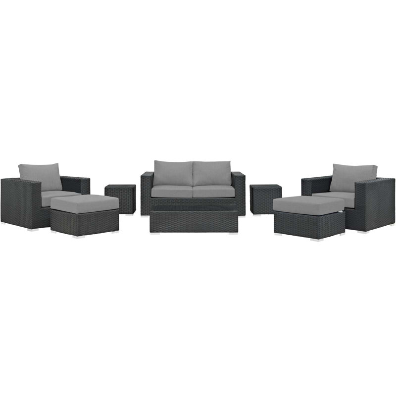 Modway Sojourn Wicker Rattan 8 Piece Outdoor Patio Sectional Set, Gray