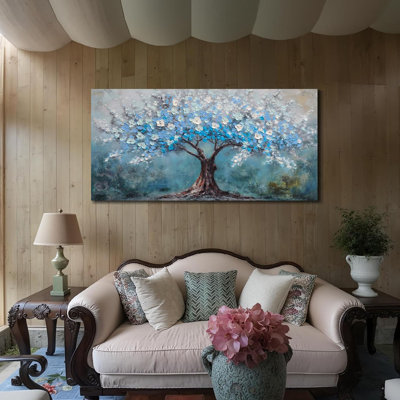 Arbre de vie, art mural pour le salon, toile de grande taille, bleu sarcelle, image de chambre à coucher, décoration texturée, œuvre d'art encadrée, décoration murale pour bureau à domicile, 48 po x 24 po
