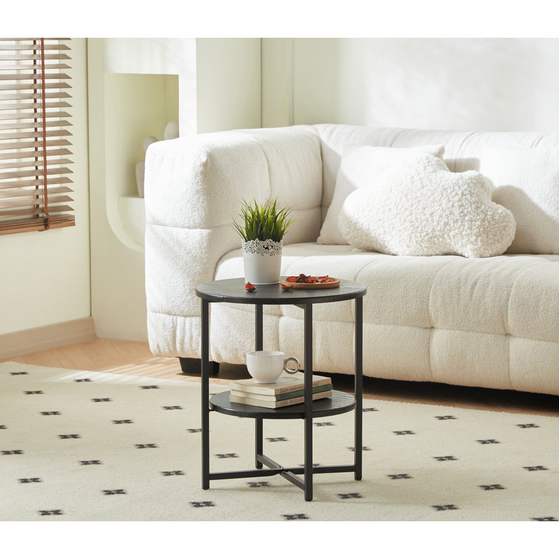 Table d'appoint ronde compacte à 2 niveaux, décor campagnard pour petits espaces, table de chevet avec tablette de rangement, noir