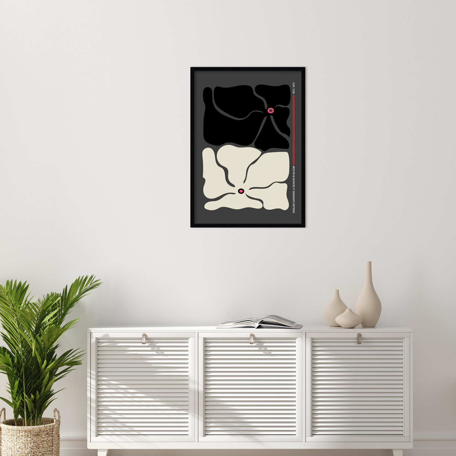 Two by Two Flower Grey Print, Black, 33" H x 24" W x 1" D