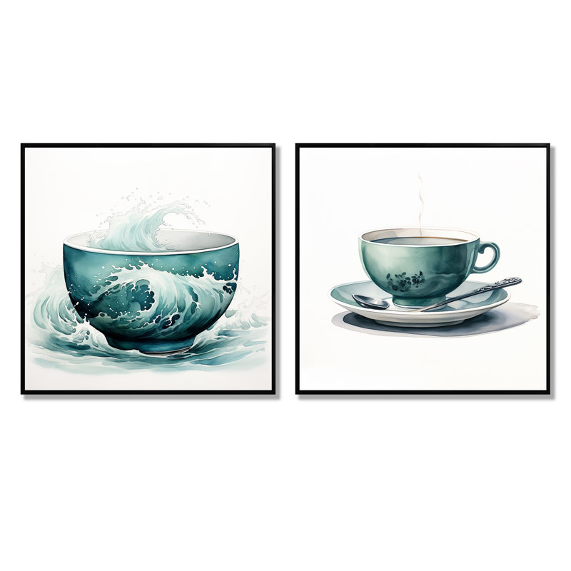 Green Green Teacup Delight I - ensemble d'art mural chinois sur toile, 2 pièces, Cadre flottant noir