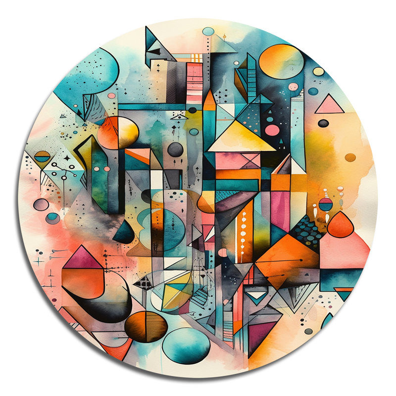 «Blue and Orange Geometric Balance II», art mural rond abstrait géométrique sur métal, H 29 po x l 29 po x P 1 po
