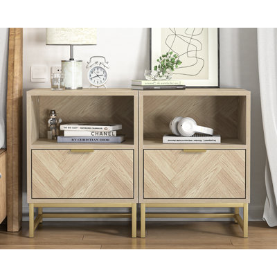 Herringbone Wood Grain Nightstands with Storage Open Shelf Accent End Table Bedside Table