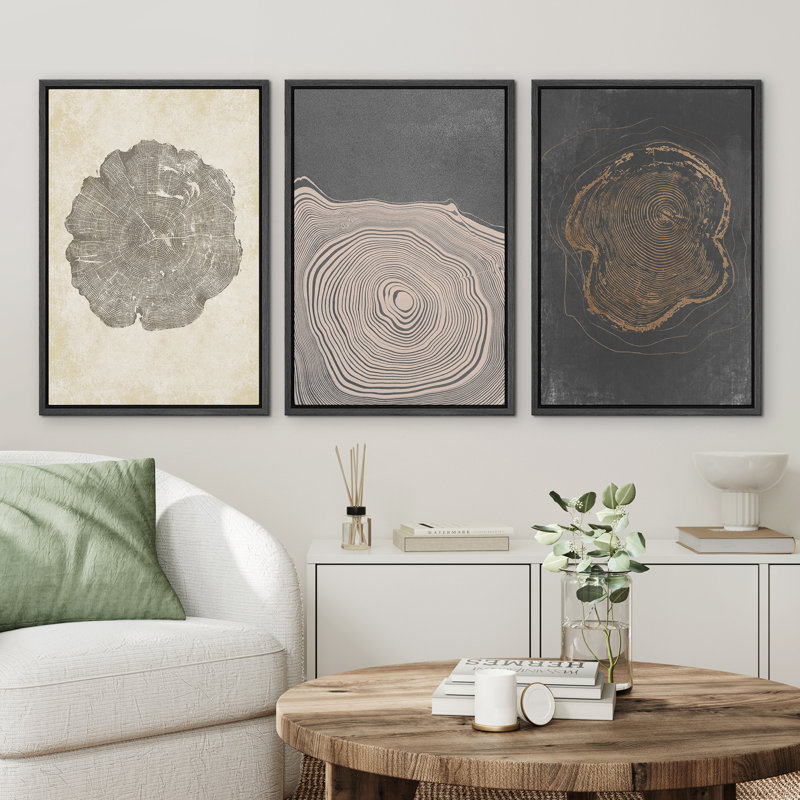 Pastel Gray Wood Tree Ring Neutral Minimalist Pictures Framed Canvas 3 Pieces Set Print Wall Art, Black Framed