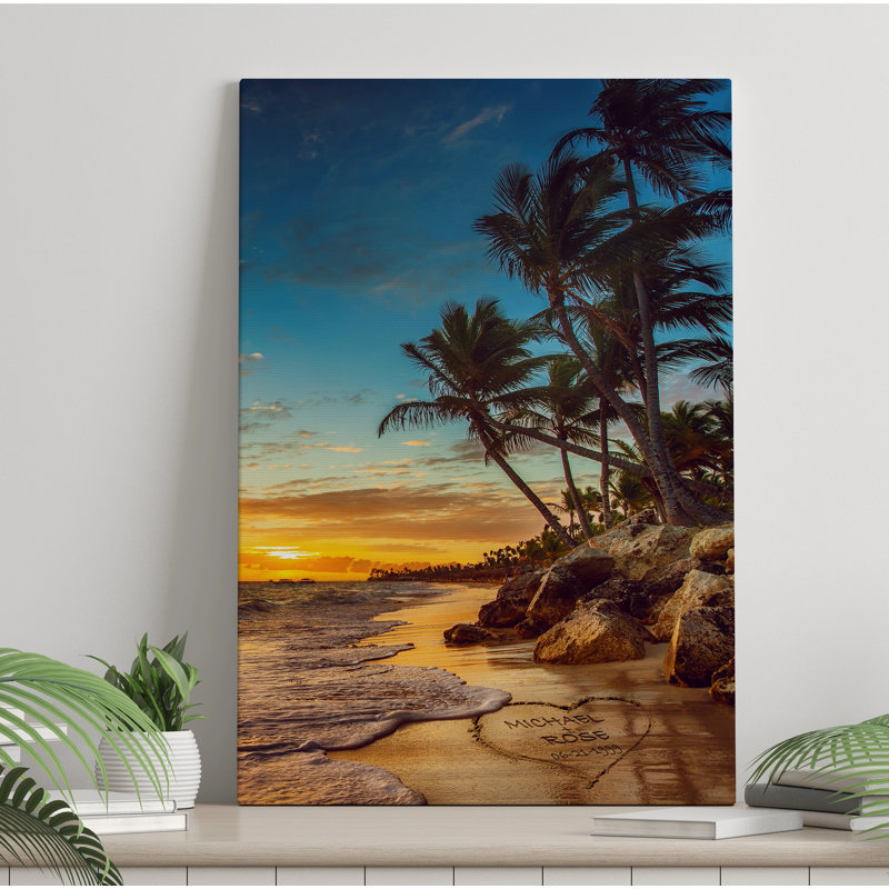 Art mural personnalisé sur toile de plage tropicale personnalisée avec noms et date sur mesure - Décor romantique de palmier au coucher du soleil