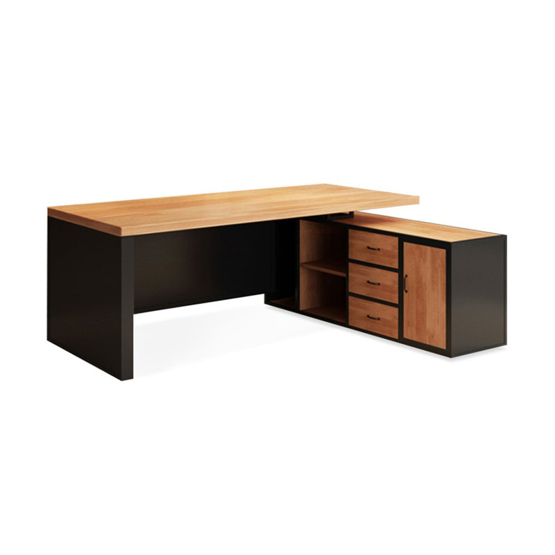 Brown+Black Rectangular Solid Wood+Iron with 3 drawers desk, 29.53" H x 70.87" W x 62.99" D