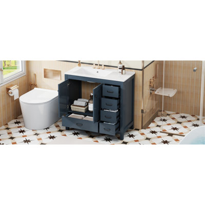 Meuble-lavabo 36 po avec lavabo en céramique 36 po, armoire de rangement abondante, 2 portes à fermeture douce et 5 tiroirs