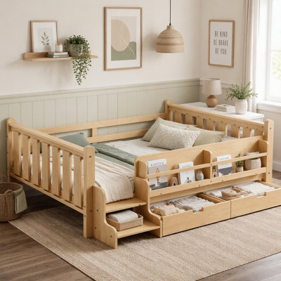 Wooden Montessori Floor Bed with Bookshelves and Stairs and Guardrails and Drawers
