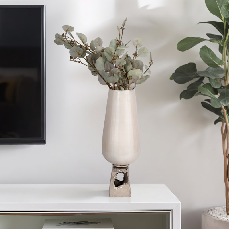 Fatihah Glass and Metal Aluminum Vase with Sculptural Base - Contemporary Decorative Design Featuring Sleek Glass Body and Artistic Textured Cast Metal Stand for Modern Interiors